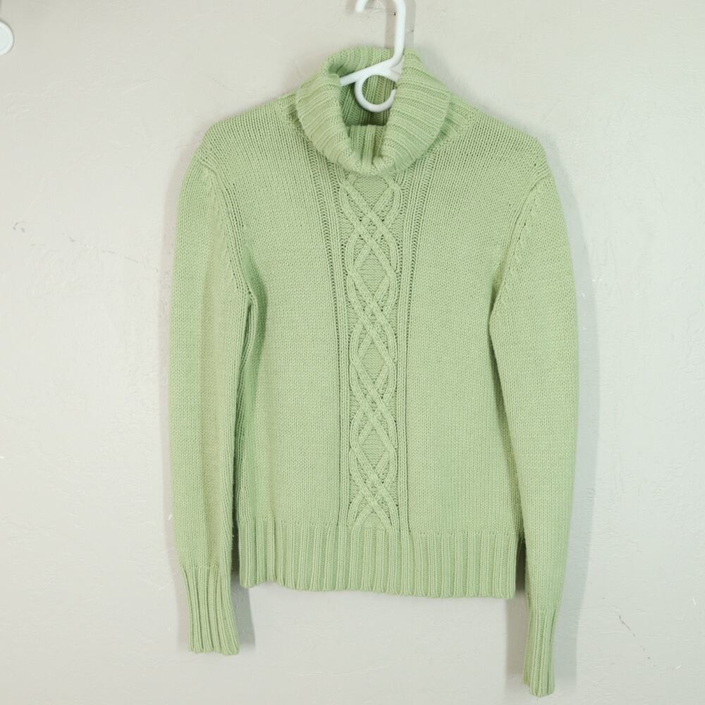 ANN TAYLOR LOFT Turtleneck Sweater M Celery Green Cable Knit Pullover